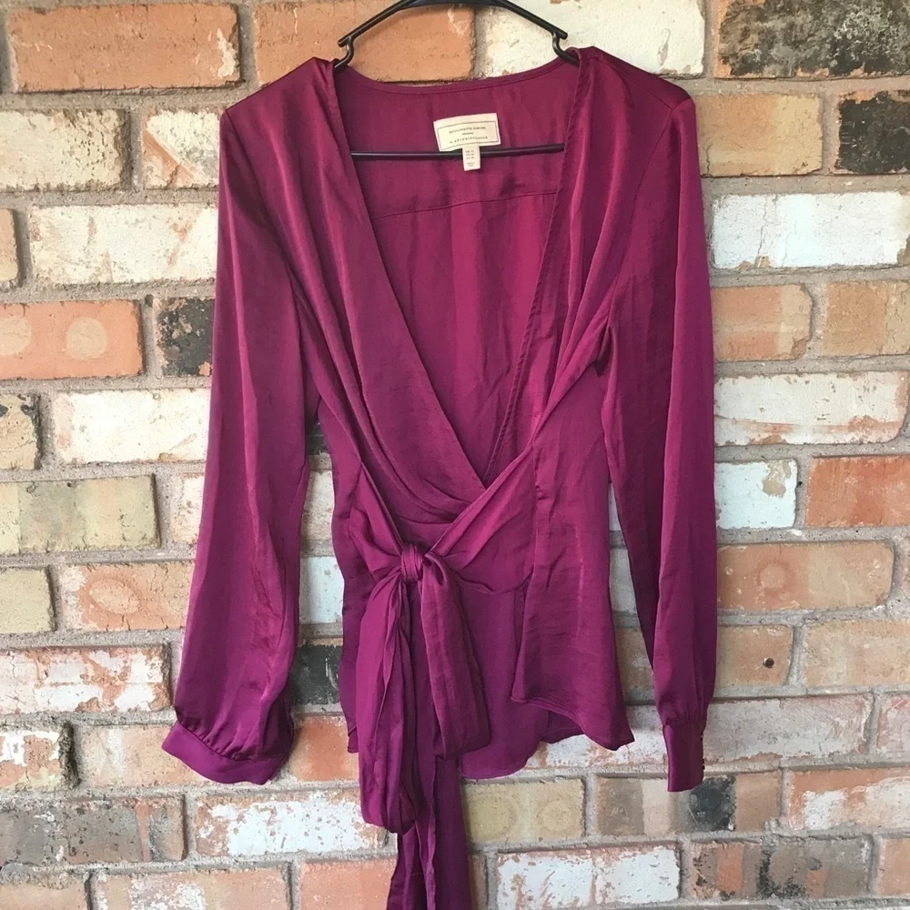 - Anthropologie Moulinette Souers Satin Burgandy Wrap Top - Picture 3 of 7